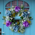 thumbnail image 1 of Corona de peonía azul de 15,75 pulgadas, corona de verano, corona de primavera para puerta de entrada, corona de flores artificiales, corona de otoño e invierno para interiores y exteriores,, 1 of 8