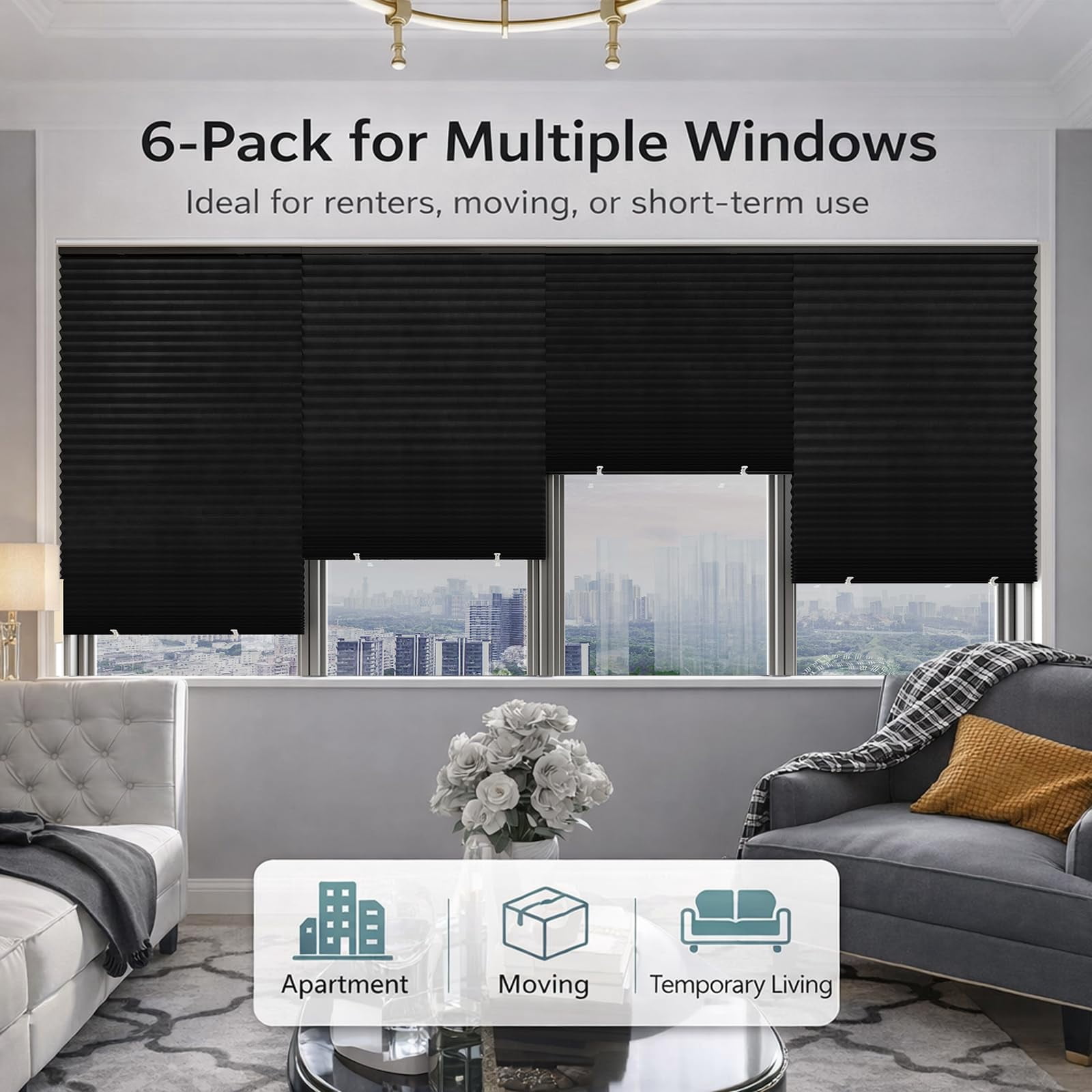 6 Pack Temporary Shades  Pleated Paper Blinds For Indoor Windows Cut To Size Adhesive No Tools Drilling Office Bedroom Living Room 24" W X 72" H Black