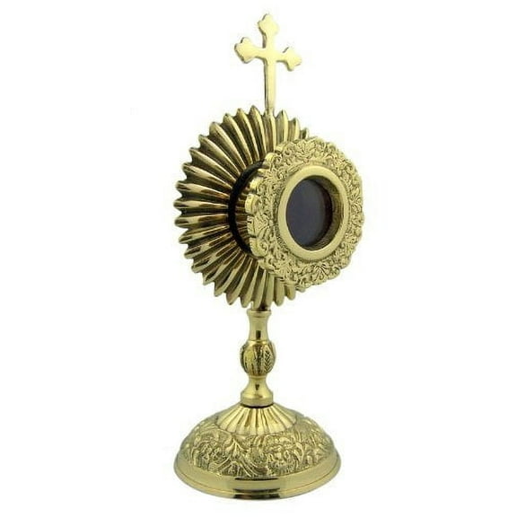 Personal Reliquary Relic Case 6" Brass Sacred Vessel Host Container with Budded Cross
