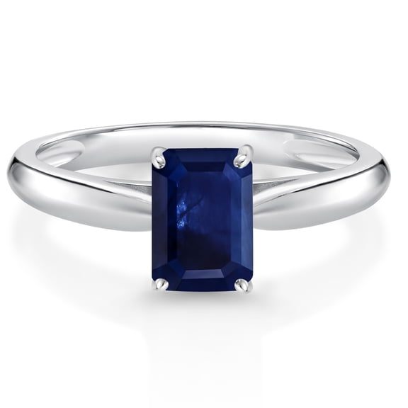 Gem Stone King 1.56 Ct Octagon Blue Sapphire 10K White Gold Solitaire Engagement Ring (Size 8)