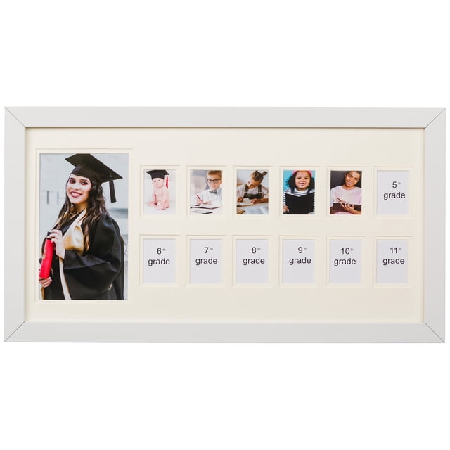 School Years Picture Days Collage Frame with Double Mat, Photos from Kindergarten to Graduation, K-12 Keepsake - White/ Horizontal