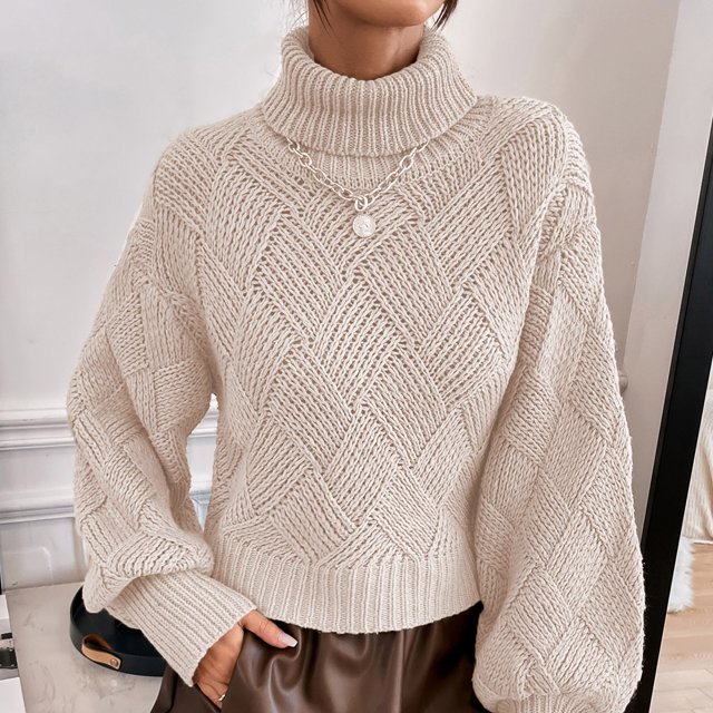 Suéter de cuello alto con textura de punto enrejado, suéter de cuello alto con textura de punto enrejado, suéter de cuello alto con mangas de linterna, durabilidad probada en el tiempo