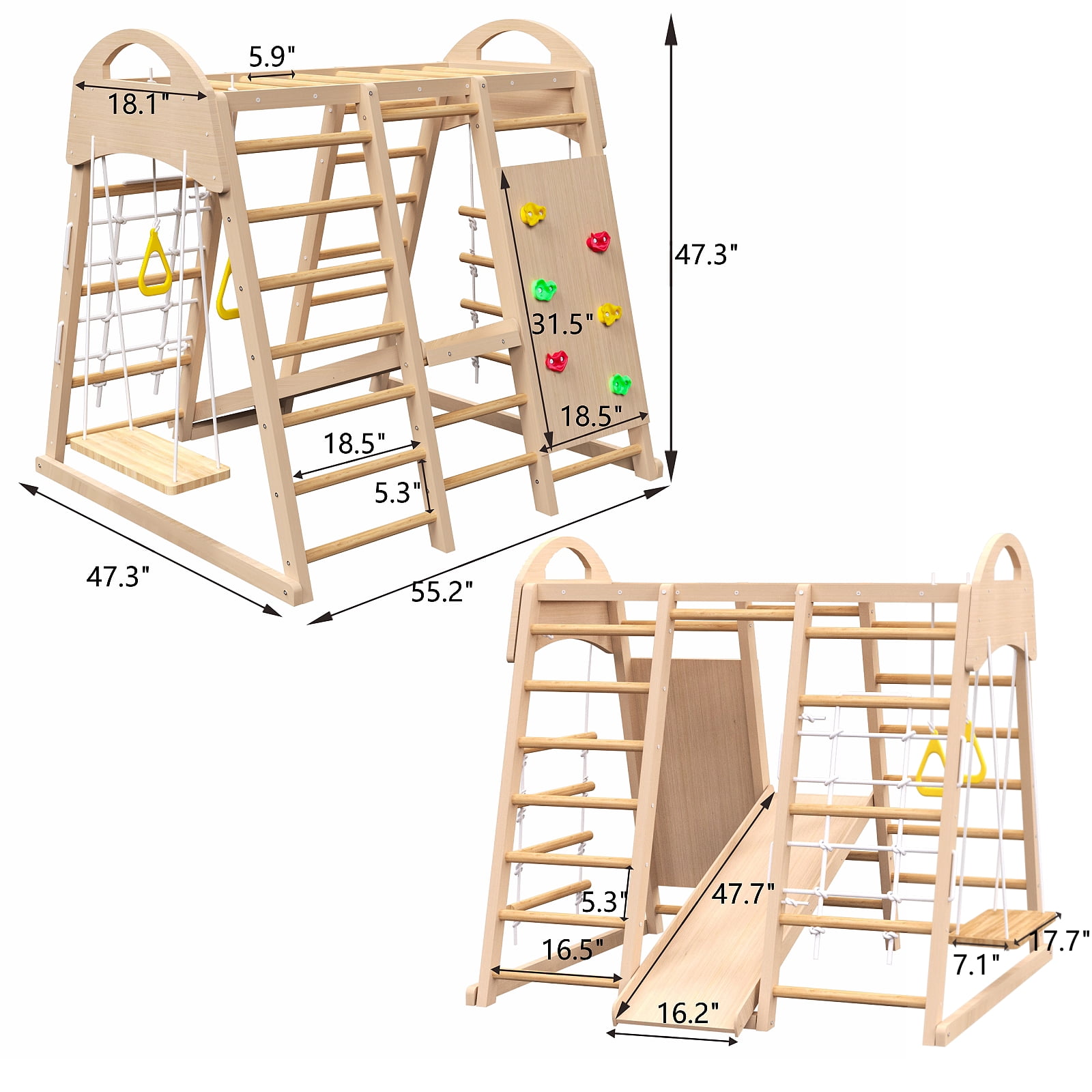 EUROCO Wooden Climbing Toys, Playground Jungle Gym for Kids and Toddlers, Climb and Slide Set with Gymnastic Rings, Rock Wall, Swing, Slide and Rope Climber