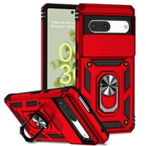 Heavy Duty Armor Case for Google Pixel 7, Rugged PC Soft TPU Military Grade Shockproof Metal Magnetic Plate Car Mount Shockproof Cover with Camera Lens Sliding Ring Holder Kickstand Case, Red