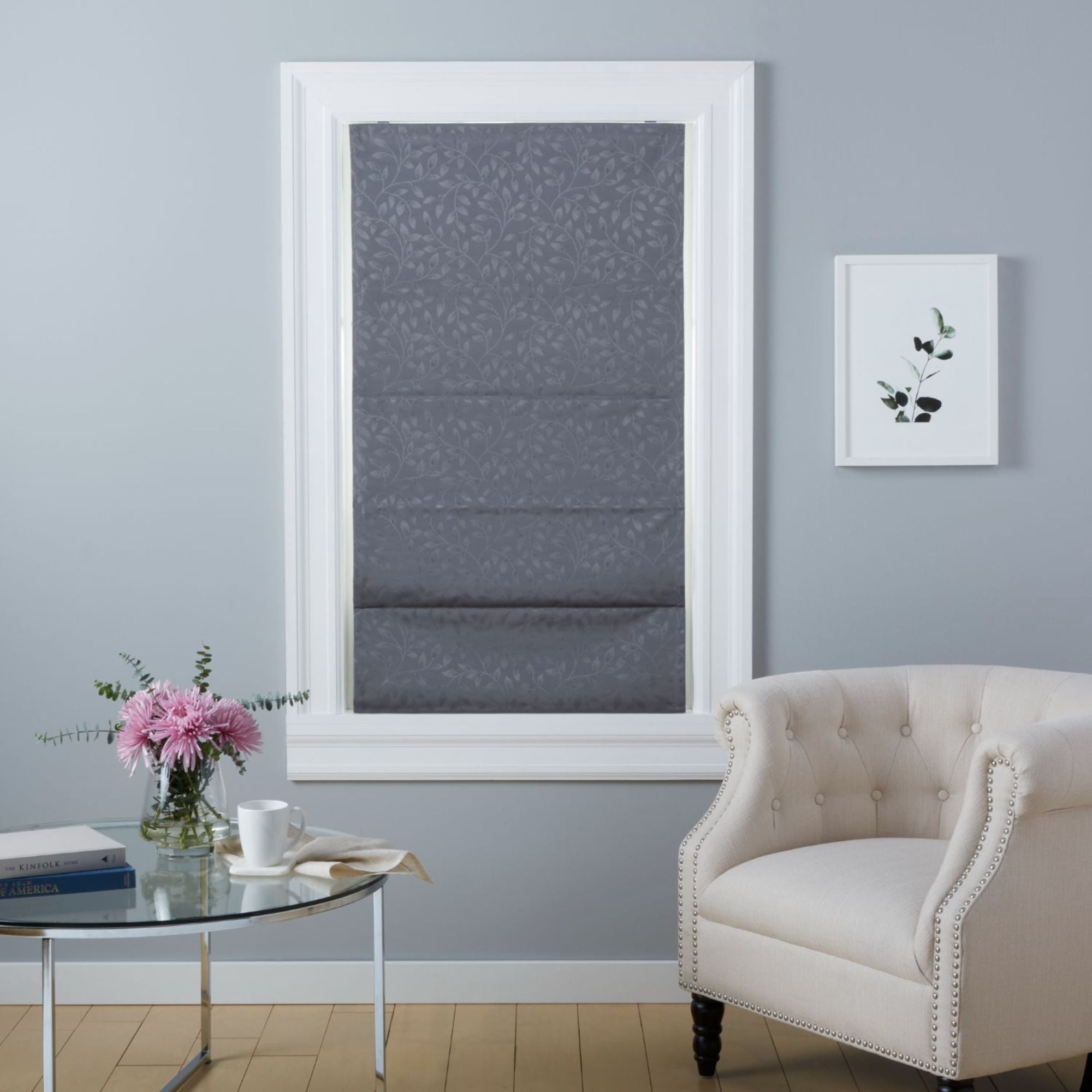 Exclusive Home Bolan Botanical Total Blackout Roman Shade, 31"x 64", Dark Grey