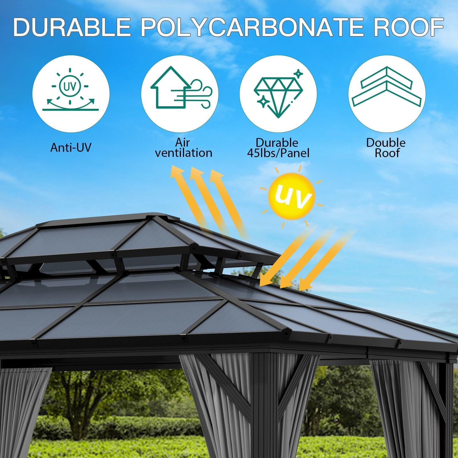 Soonbuy 12'x10' Aluminum Permanent Hardtop Gazebo with Double Roof, Includes Removable Curtains & Mosquito Netting for Patio, Garden, and Backyard Use(ship in 2 boxes)