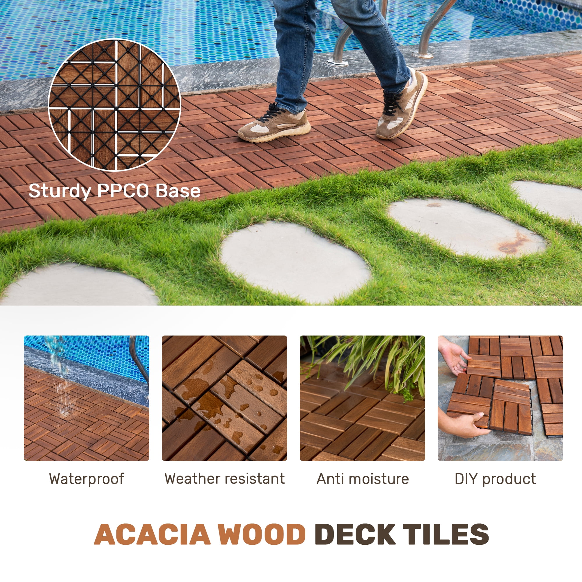 Acacia Wood Deck Tiles, 30 PCS 12x12 Inch Checker Interlocking Floor Tiles for Patio Garden Outdoor Space, Natural