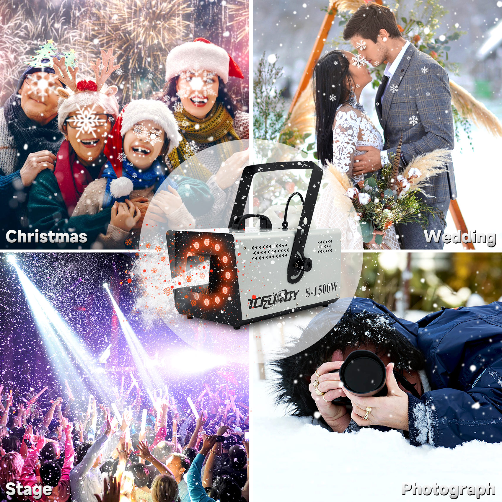 TCFUNDY 1500W Snow Machine w/ 9 RGB LED Lights, Adjustable Lighting, w/ Dual-Control Remote for Christmas, Snow and Light Effects