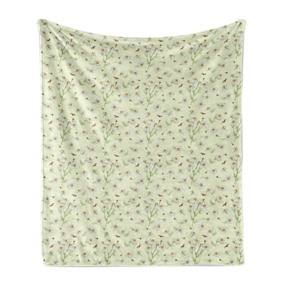 Daisy Soft Flannel Fleece Blanket, Realistic Garden Botany Artwork with Chamomile Flowers and Buds with Flying Ladybugs, Cozy Plush for Indoor and Outdoor Use, 50" x 70", Multicolor, by Ambesonne