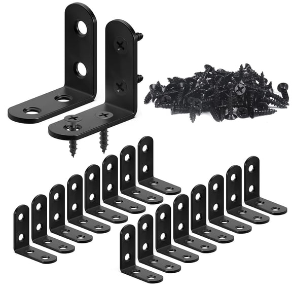 18PCS L Bracket Corner Bracket, Kalyrart Stainless Steel L Brackets for Shelves, Black Small Right Angle Bracket, Metal Corner Brace for Wood Furniture Cabinet Chair with 72PCS Screws (1.57x1.57 in)