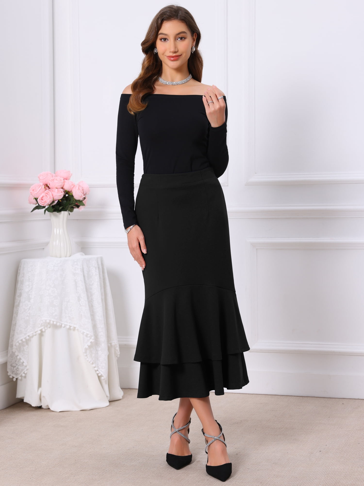 DARING DIVA Women's Ruffle Fishtail Skirt High Waist Bodycon Skirts M Black