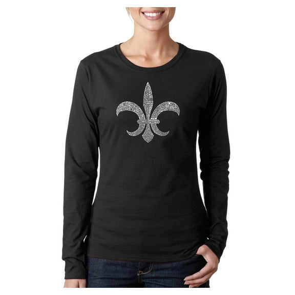 LA Pop Art Women's Word Art Long Sleeve T-Shirt - FLEUR DE LIS - POPULAR LOUISIANA CITIES