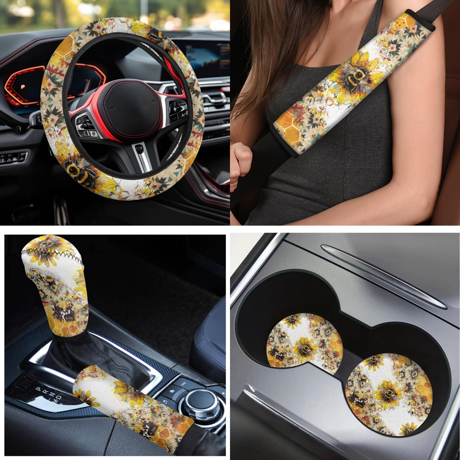 Yuyamidu Bee Car Seat Cover Set of 15 Yellow Sunflower Auto Carpet Mats Steering Wheel Cover Seat Belt Pad Car Gear Shift Cover Rearview Mirror Cover for Truck Sedan