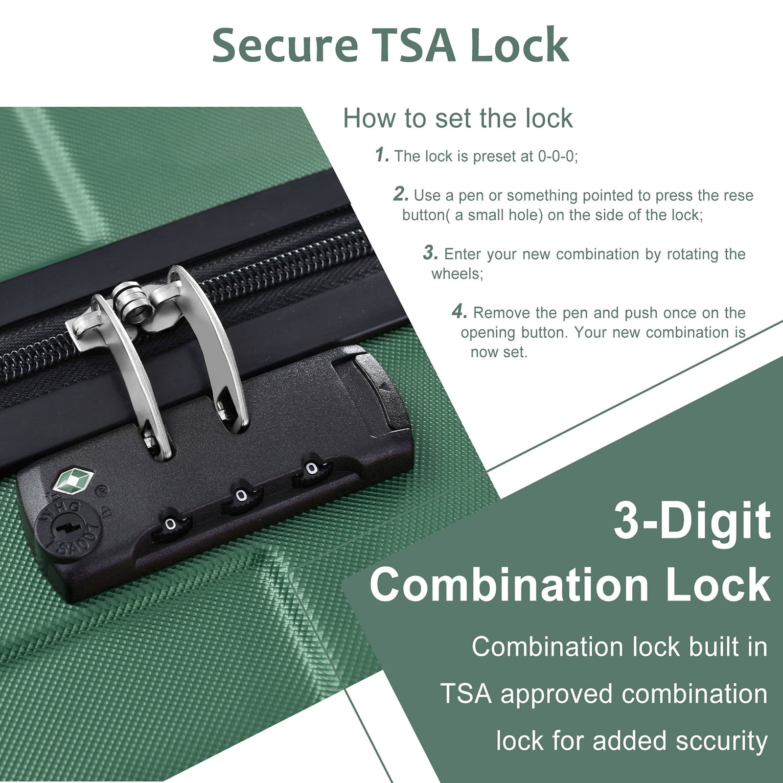 Luggage Sets 3 Piece Lightweight Hardside Rugged Travel Suitcase with Wheels, 22” x 14” x 9” Airline Approved, TSA Lock, Green
