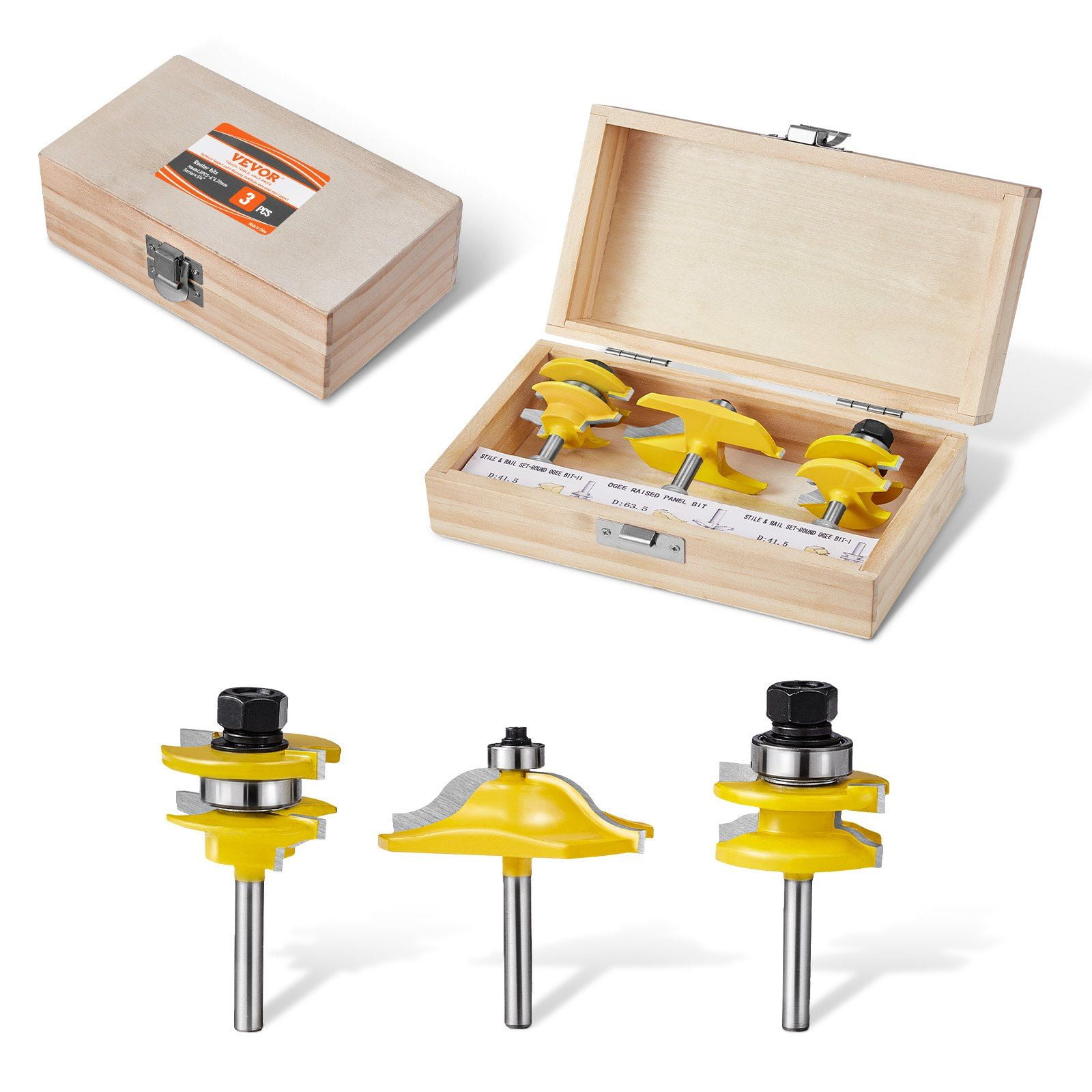 Router Bits Set 3 Pcs, Carbide Tipped, 1/4 Inch Shank, Includes Convenient Carrying Case