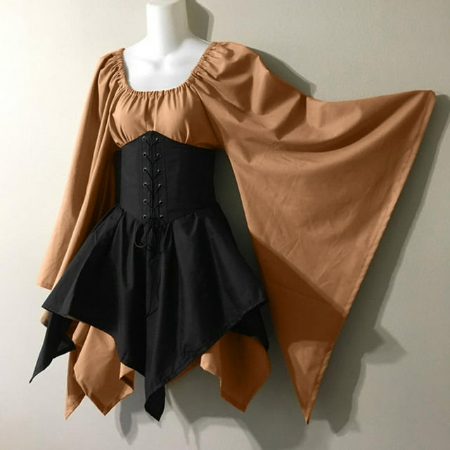 DPTALR Halloween Femmes Costumes de Cosplay Gothique Rétro Robe Corset à Manches Longues