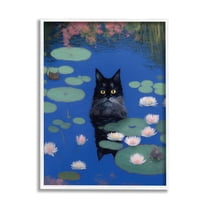 Stupell Industries Black Cat in Pond Animals & Insects Painting White Framed Art Print Wall Art, 11 x 14