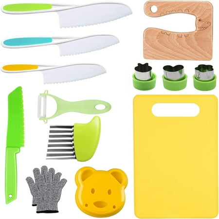 

13 Pieces Wooden Kids Kitchen Knife Set with Gloves Cutting Board Fruit Vegetable Crinkle Cutters Serrated Edges Plastic Toddler Knifes for Real Cooking Kid Safe Knives