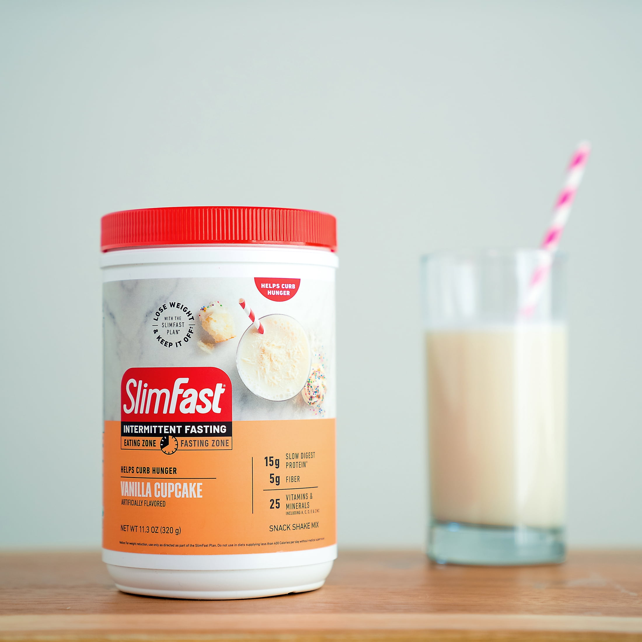 SlimFast Intermittent Fasting, Vanilla Cupcake, Snack Shake Mix, Casein Protein Powder, 10 Servings