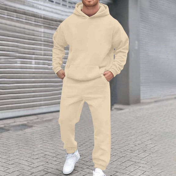 Mens 2 Piece Tracksuit Set Soft Hoodies and Sweatpants Sets Jogging Workout Casual Sweatsuit Spring Beige L