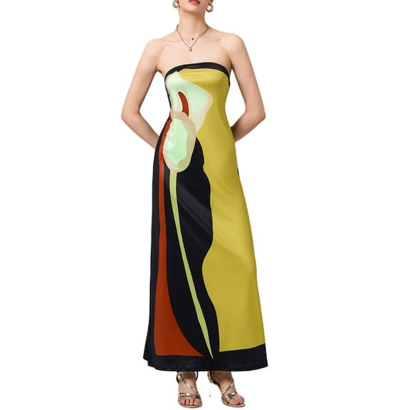Mevireiy Women Strapless Tube Dress Abstract Printed Flowy Off Shoulder Y2K Beach Bandeau Dresses