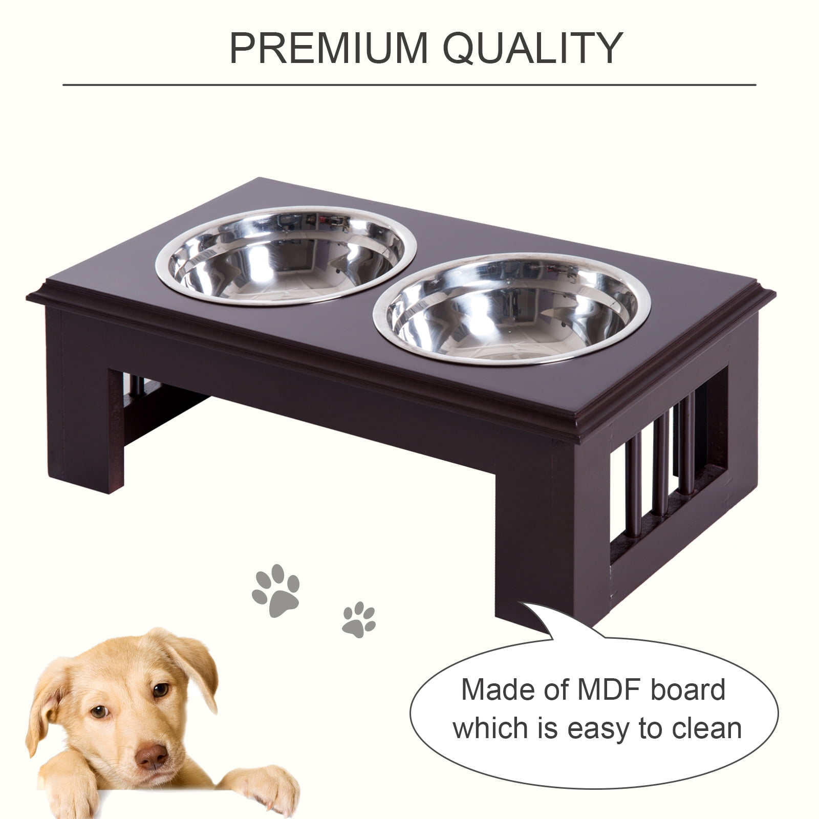 PawHut 6" Height Small Puppy Dog Feeding Station for Messy Pets, Stainless Steel Elevated Dog Bowls with Modern Wooden Frame, Dog Food Stand Pet Feeding Station, Dark Brown