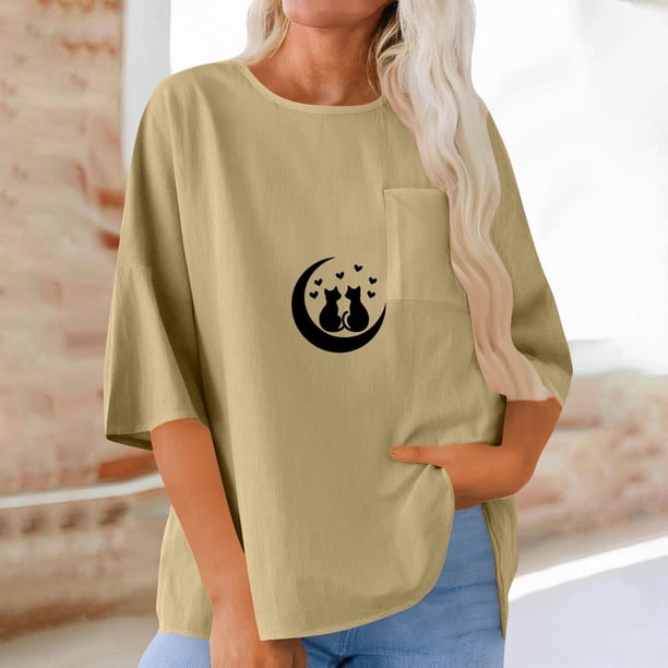 Xuyuer Women's Imitation Linen 3/4 Sleeve Blouse Crew Neck Summer Casual Tops Loose Fit Plus Size Tops Loose T Shirts Tunic Tops Shirts for Women Oversized Pocket T-shirt Fashionable Top