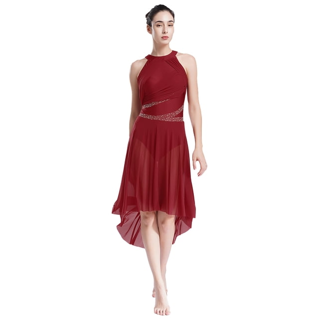 Doomiva Costume de Danse Lyrique pour Femme, Robe Asymétrique Froncée avec Strass, Justaucorps à Jupe de Danse Moderne, Bourgogne, TG
