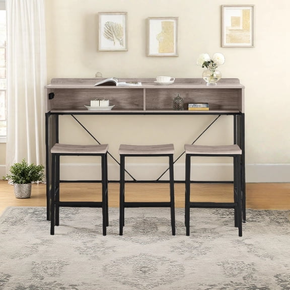 4-Piece Farmhouse Bar Table Set - 59" Sofa Table with Power Outlet, LED Light & 3 Saddle Stools, Narrow Console Table for Living Room/Kitchen
