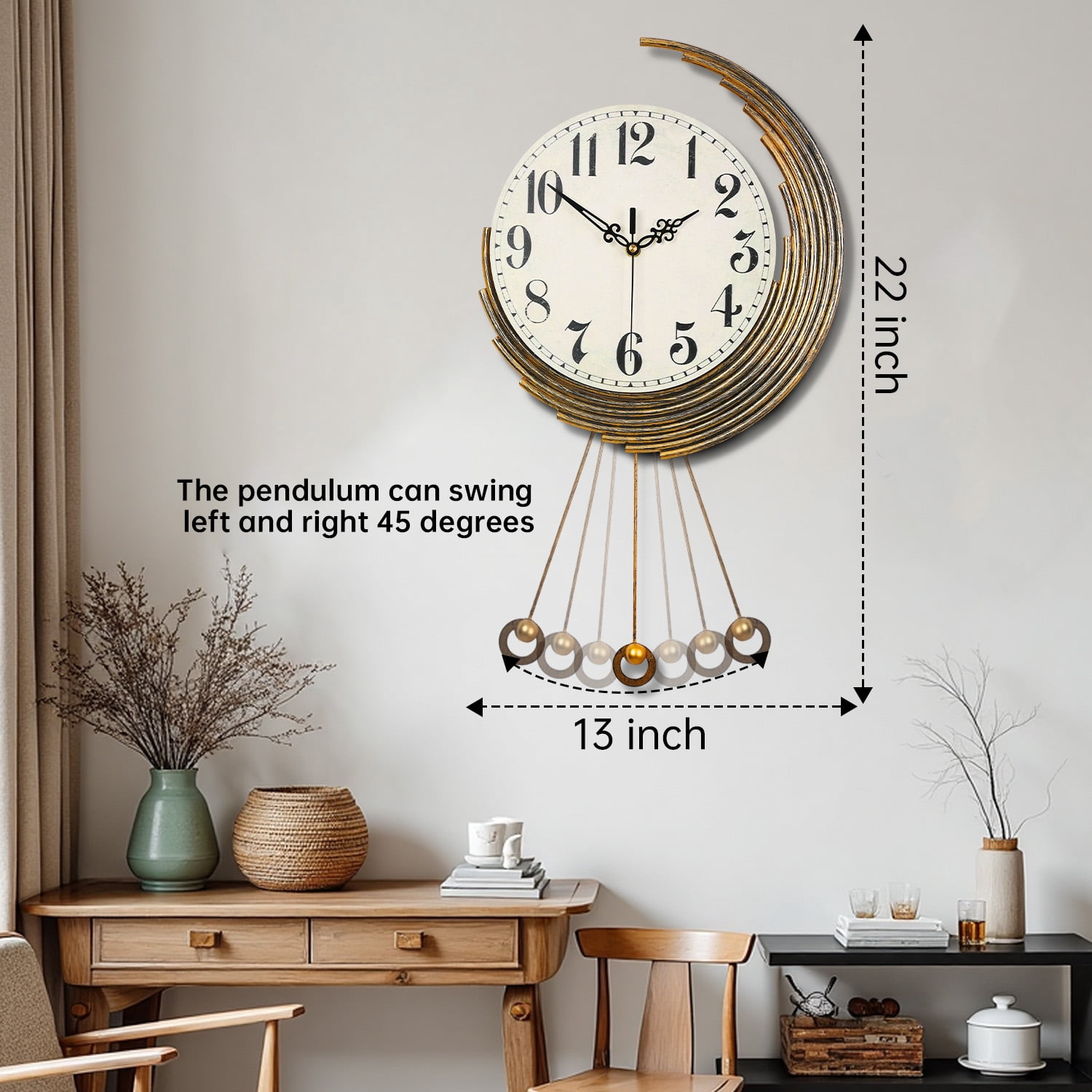 Crescent-Shaped Vintage Distressed Luxury Wall Clock – Retro Pendulum Decorative Clock