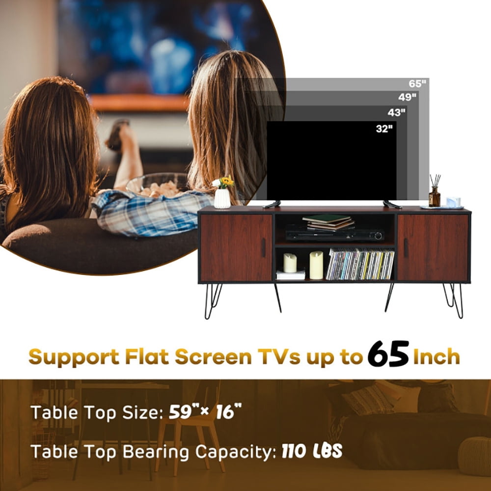 Finihen TV Stand, TV Cabinet, 59 Inches Retro Wooden TV Stand for TVs up to 65 Inches, Media Entertainment Center with Storage, for Living Room, Bedroom, Brown