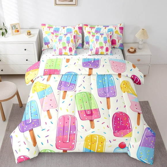 Kawaii Ice Cream Bed in a Bag Queen Comforter Set 7 Piece,Funny Food Themed Bedding Sets Cute Colorful Rainbow Popsicle Sheet Set with Comforter