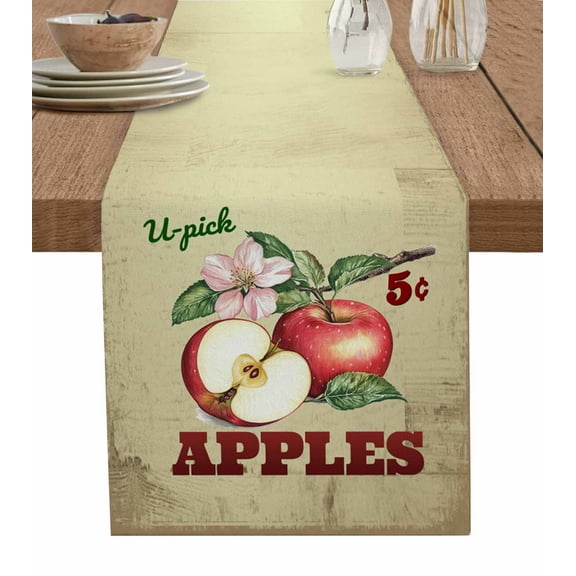 Table Runner Dresser Scarf 16 x 72 Inch Farm Apples Floral Leaf Art Vintage Country Wood Texture Table Runners Non-Slip Heat Kitchen Dining Table Decor for Indoor Outdoor Home Party Decoration