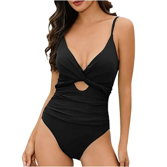 WREESH Womens One Piece Swimsuit Solid Color Swim Suits Fashionable and Hollowed Out Belly Covering Deep V-Neck Strap Swimsuit Sleeveless Bathing Suits Black