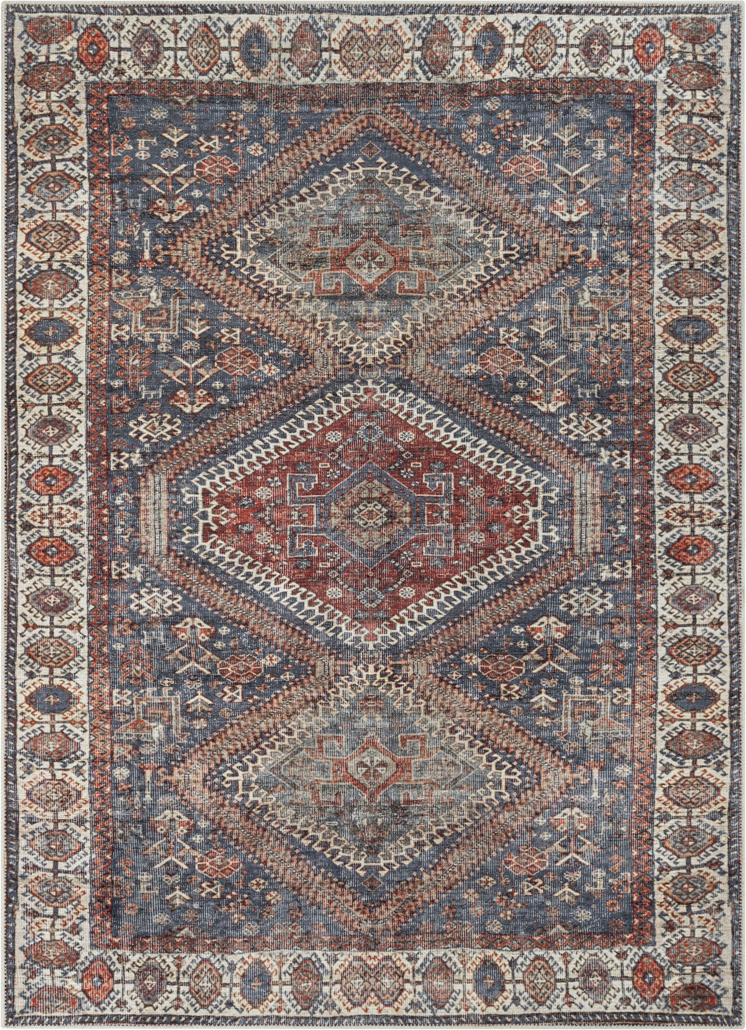 Well Woven Lotus Ripon Vintage Medallion Botanical Border Blue Red 3'11" x 5'3" Area Rug