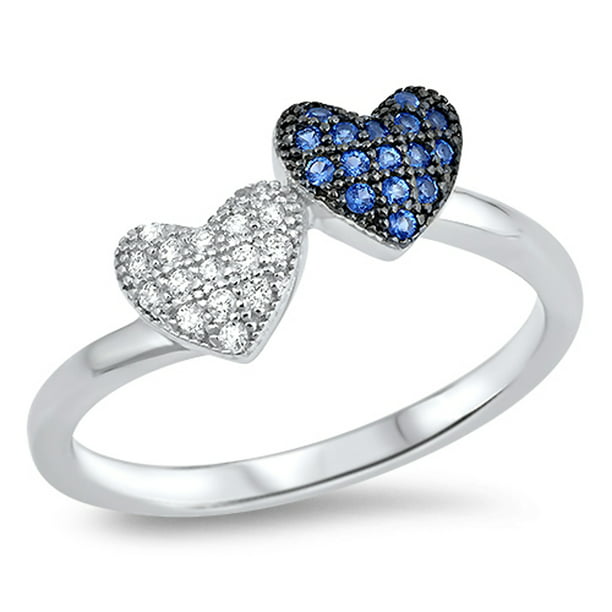 Sac Silver Micro Pave Blue Simulated Sapphire Heart Promise Ring