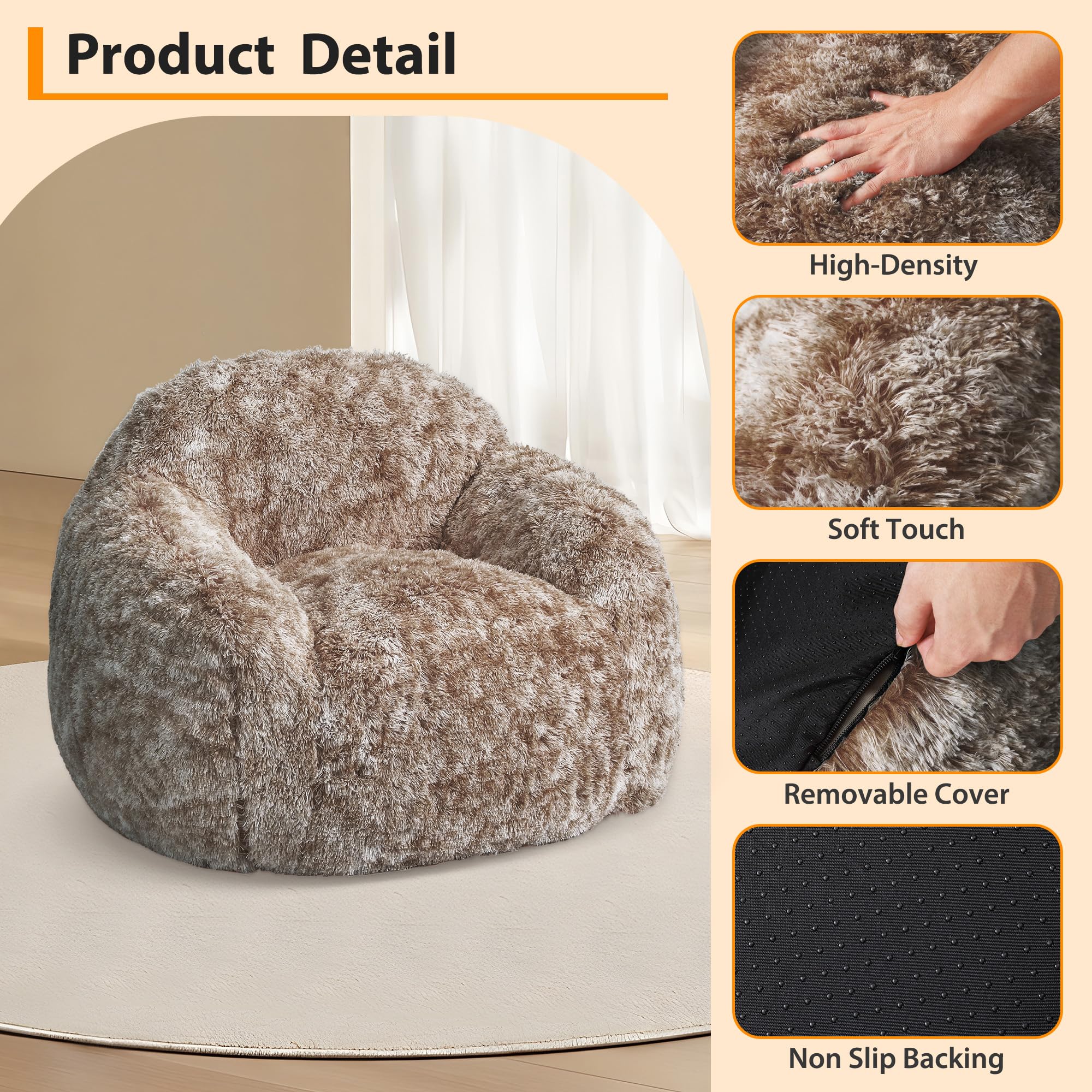 BouPower Bean Bag Chair for Adults, Plush Fluffy Faux Fur Sofa, Premium High-Density Sponge Filler Ergonomic Backrest & Armrests, Removable Washable Cover Comfy Lazy Chair for Bedroom Living Room