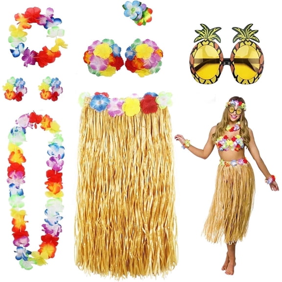 8 Pack Hula Skirt Kit for Women Men Hawaiian Luau Party Supplies Grass Skirt Kit