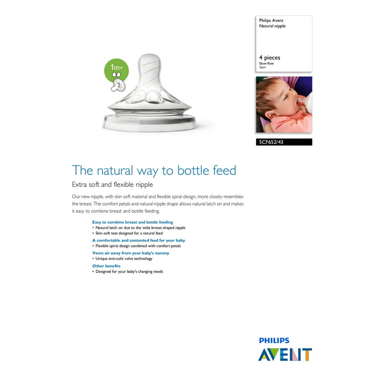 Philips Avent Natural Baby Bottle Slow Flow Nipple, 1M+, 4pk, SCF652/43