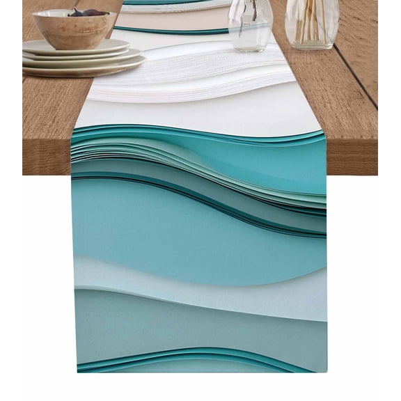 Teal Ombre Moire Burlap Cotton Table Runner 13x36 Inches Short, Modern Abstract Art Beach Farmhouse Table Runners, Outdoor Dining Tablecloths Decor for Baby Shower/Party/Wedding