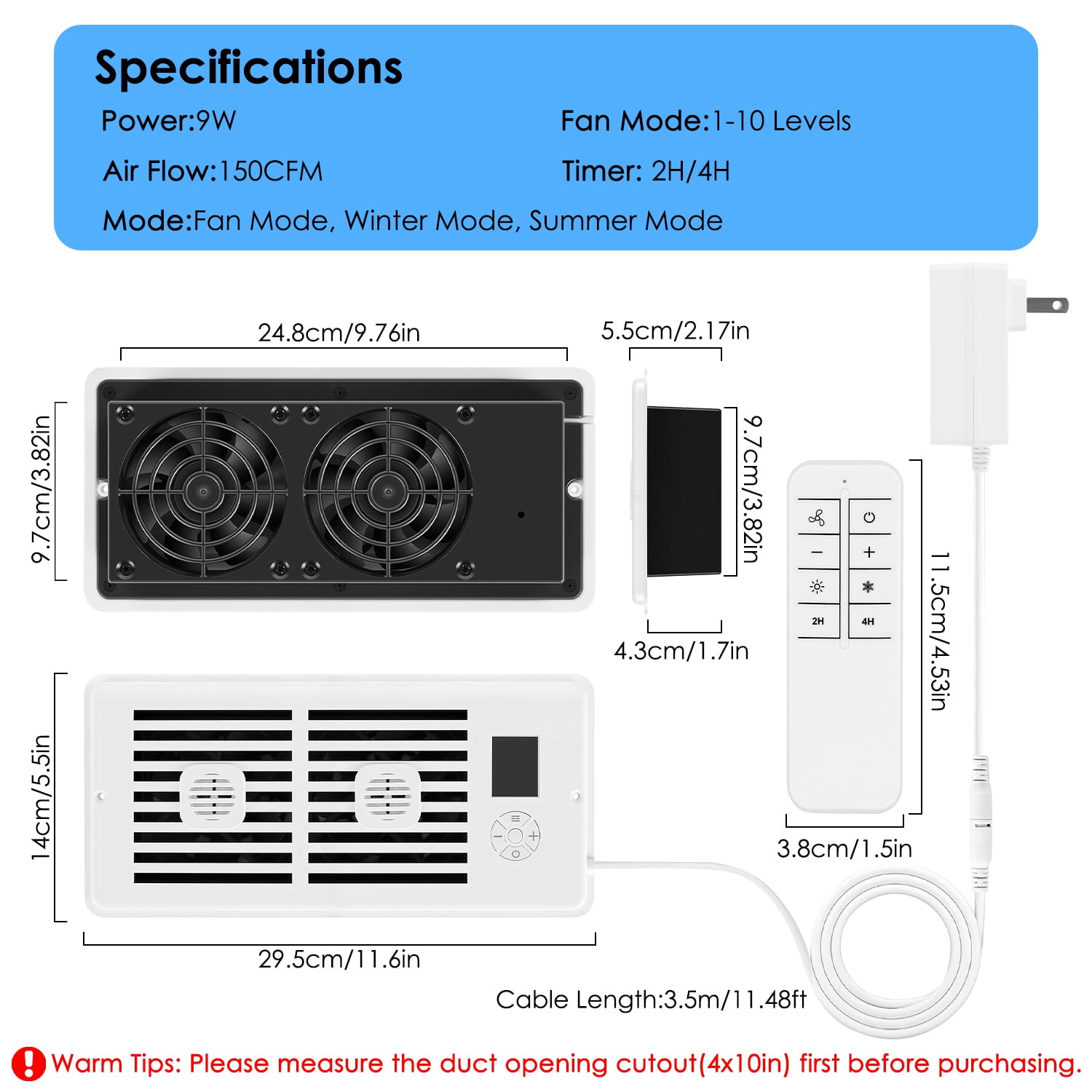 Moclever Register Booster Fan for Wall Ceiling Floor, Smart AC Vent Booster Fan Fits 4"x10" Register Holes with 3 Modes 10 Speeds 2H/4H Timer LCD Screen, White