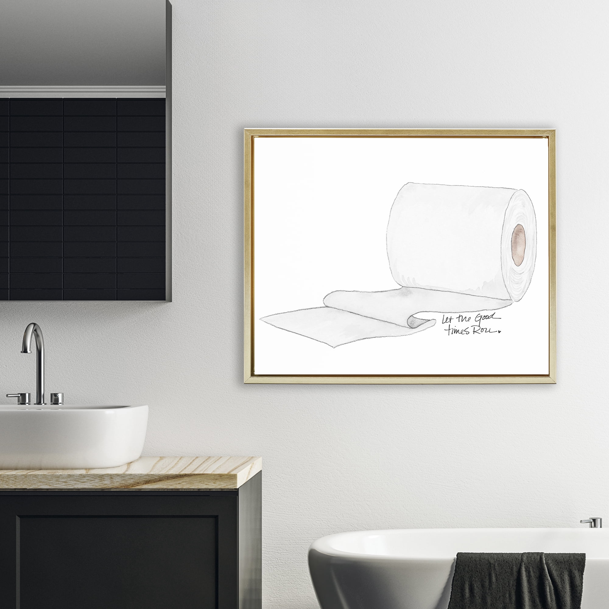 Stupell Industries Good Times Roll Toilet Paper Gold Framed Floater Canvas Wall Art, design by Nola James