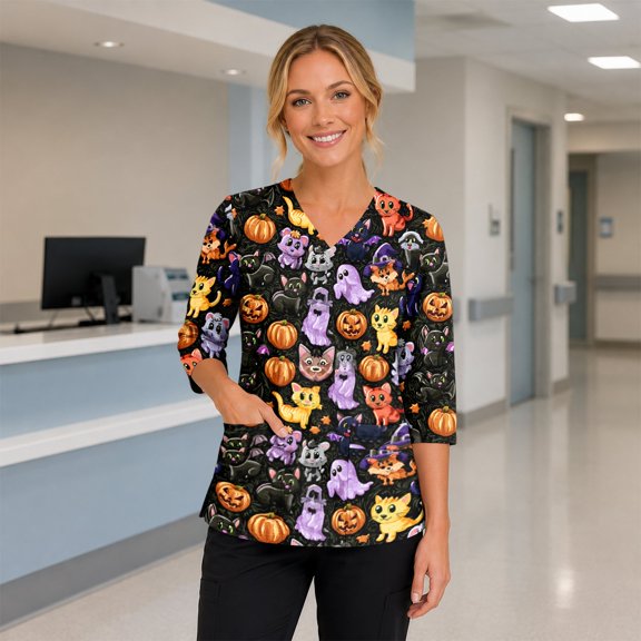 Dwelliawo Womens V Neck Printed Scrub Tops Plus Size Medical Nursing Tops Scrubs with Pocket Dark Purple 3xL