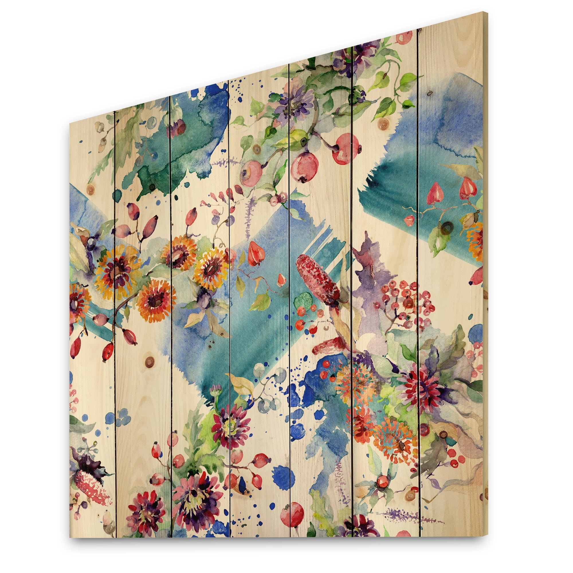 Designart 'Wildflowers and Vibrant Wild Spring Leaves IX' Modern Print on Natural Pine Wood