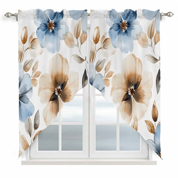 Blue Brown Spring Floral Kitchen Window Curtains, Swag Curtains Valance for Bedroom Living Room Bathroom, Summer Botanical Watercolor Rod Pocket Window Treatment Curtain Block Drapes 2 Panels 36"x45"
