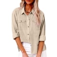 thumbnail image 2 of Women Shirts Button Down Solid Color Lapel Collared Spring Tops Summer Long Sleeve Dressy Casual Work Blouses Business, 2 of 6