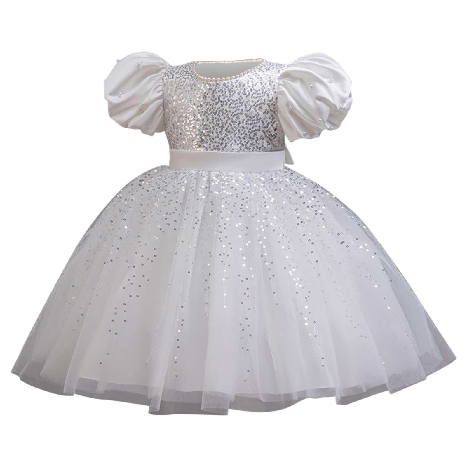 Sequins Prom Dresses for Girls Size 2-10 Toddlers Kids Formal Short Puffed Sleeve A-Line Solid Flower Girls Birthday Party Dress