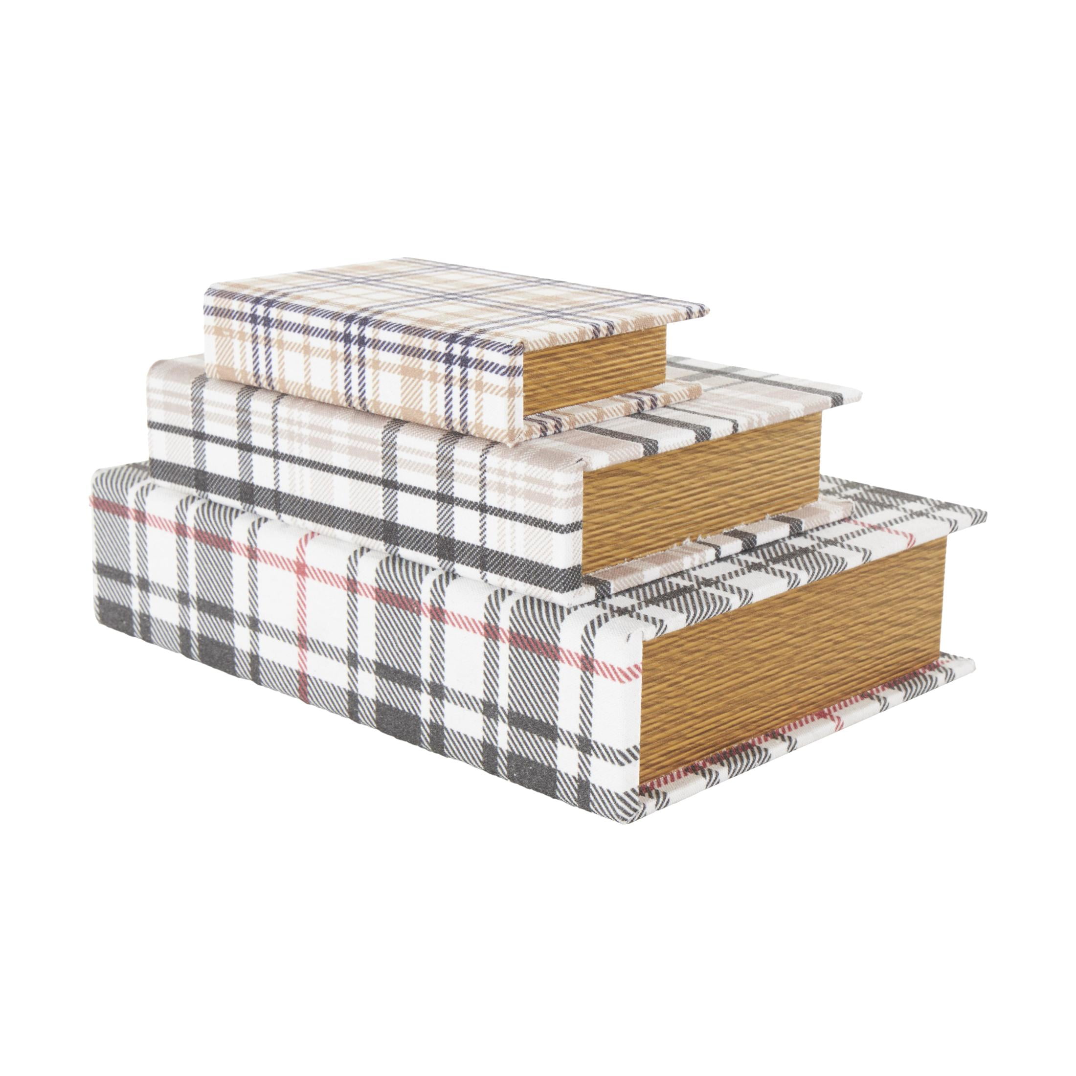 DecMode Geometric Plaid Faux Book Storage Multi Colored Canvas Decorative Box with Red and Purple Accents, 3 Count