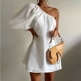 thumbnail image 1 of Primavera mujer moda delgada hombro oblicuo algodón Lino Vestidos elegante blanco negro solo hombro manga fiesta Mini vestido, 1 of 5