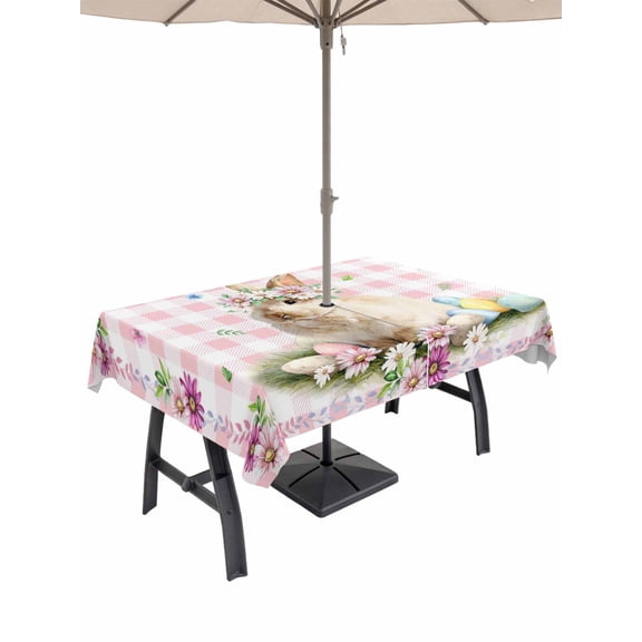 Easter Cute Bunny Outdoor Tablecloth - 60x102 Inch Rectangle Dining Table Cover, Colorful Eggs Spring Daisy Flowers Pink Plaid Waterproof Outdoor Table Cloth with Umbrella Hole & Zipper for Patio